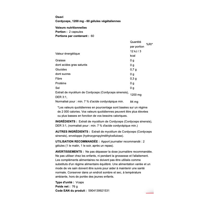 Extrait de champignon de Cordyceps "Micélium"  - Extra fort - 1200mg - Osavi